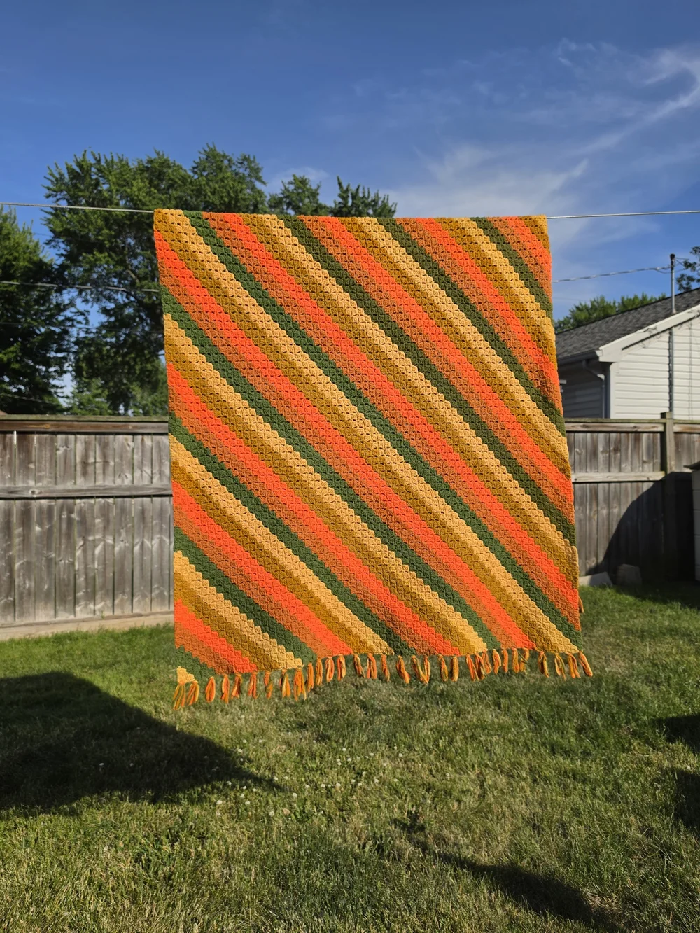 Handmade Retro Diagonal Stripe Crochet Throw — Orange, Yellow, Green